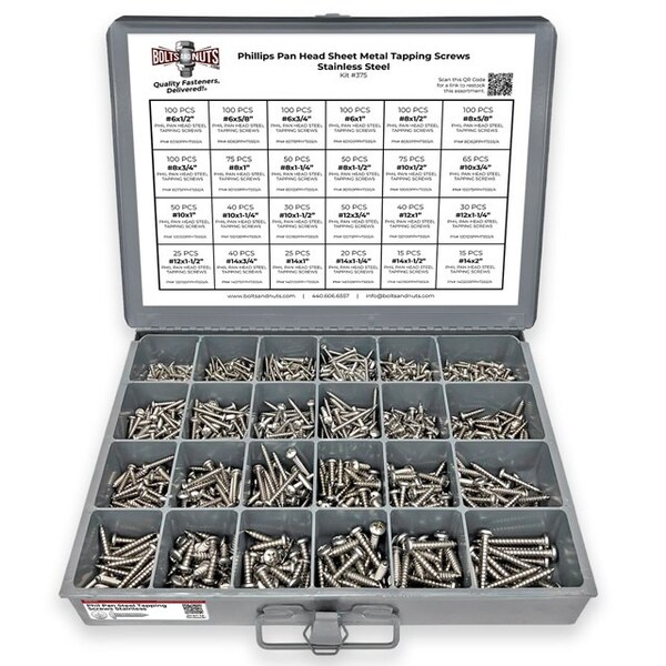 Boltsandnuts.Com Stainless Phillips Pan Head Sheet Metal Self Tapping Screws Assortment - 1396 PCS Assortment Kit #375 - main